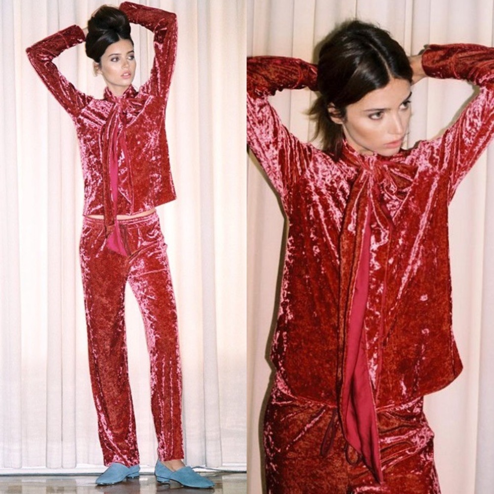 STAUD 2pc. Set Velvet Button Front Shirt and Straight Leg Pants In Pink Size L